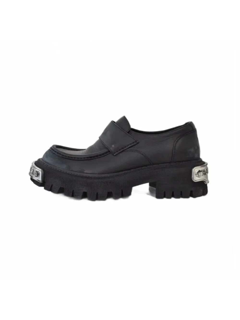 Balenciaga Tractor Loafer Logo Plate Distressed Leather Black